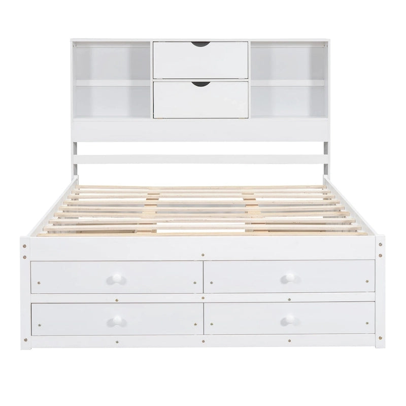 Moderno letto a piattaforma in legno con testiera portaoggetti e 8 cassetti per la camera da letto