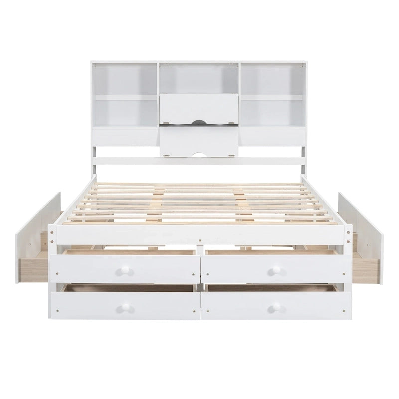 Moderno letto a piattaforma in legno con testiera portaoggetti e 8 cassetti per la camera da letto
