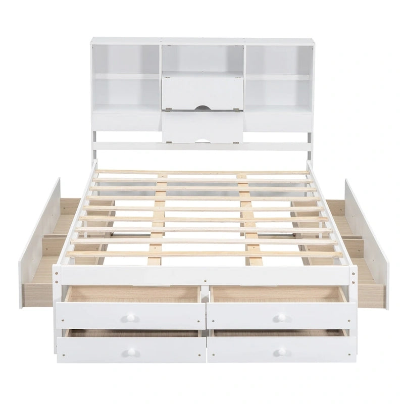 Moderno letto a piattaforma in legno con testiera portaoggetti e 8 cassetti per la camera da letto