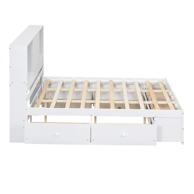 Moderno letto a piattaforma in legno con testiera portaoggetti e 8 cassetti per la camera da letto