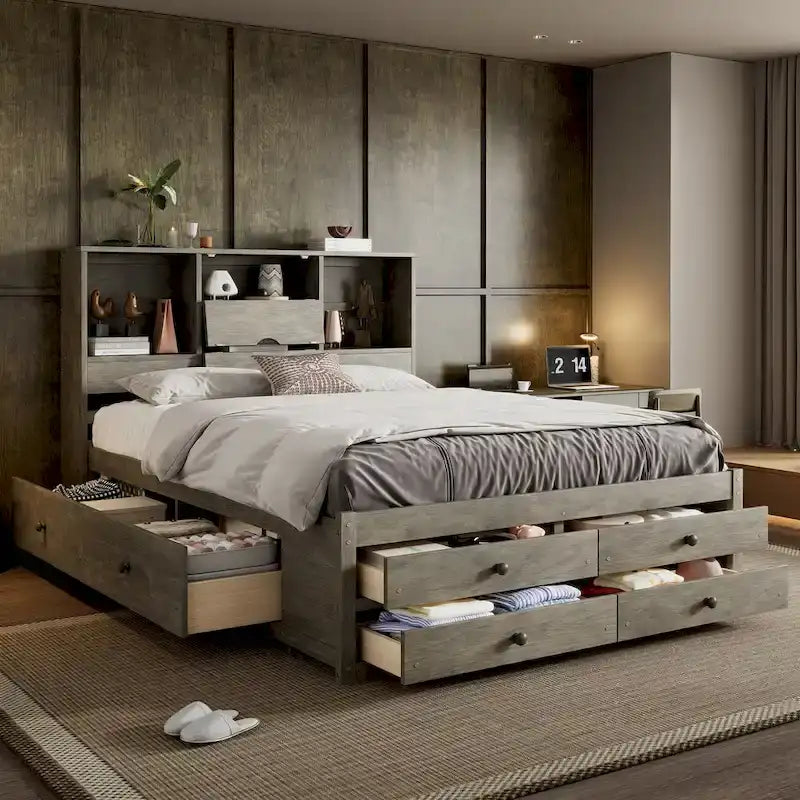 Moderno letto a piattaforma in legno con testiera portaoggetti e 8 cassetti per la camera da letto