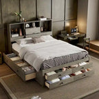 Moderno letto a piattaforma in legno con testiera portaoggetti e 8 cassetti per la camera da letto