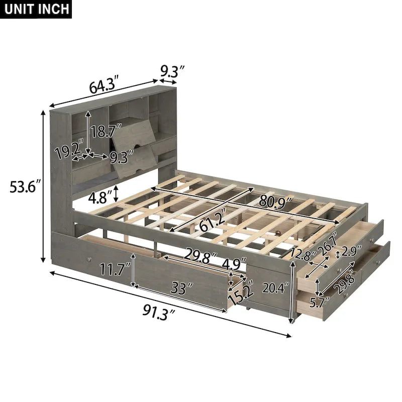 Moderno letto a piattaforma in legno con testiera portaoggetti e 8 cassetti per la camera da letto