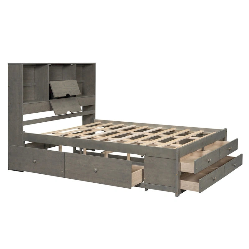 Moderno letto a piattaforma in legno con testiera portaoggetti e 8 cassetti per la camera da letto