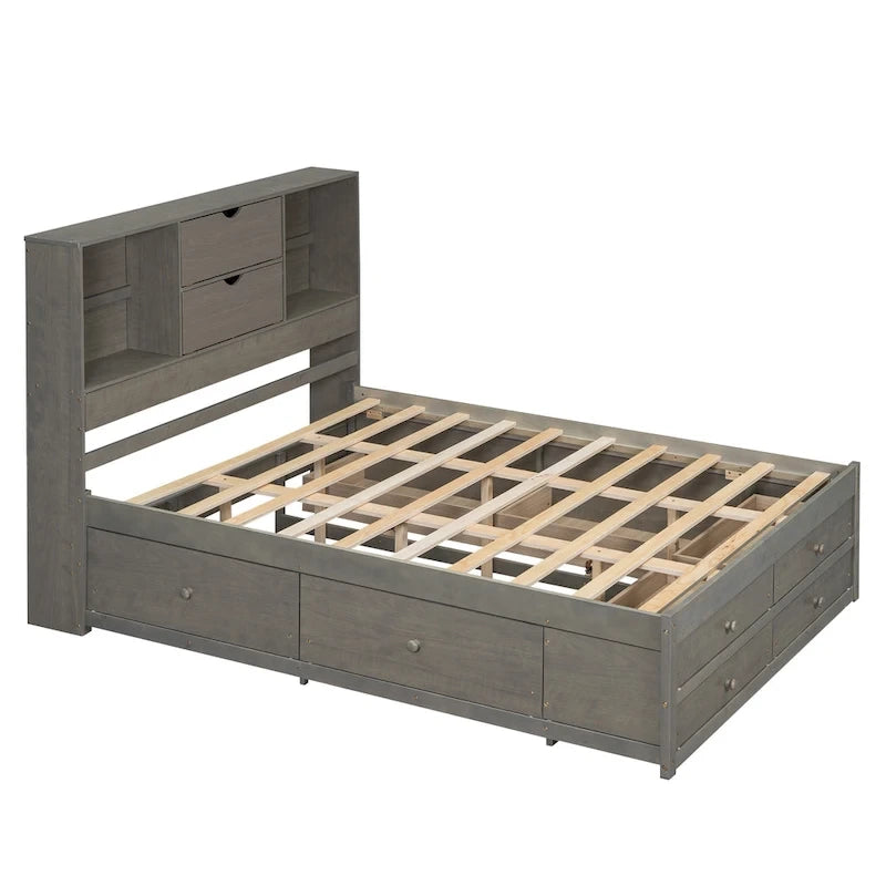 Moderno letto a piattaforma in legno con testiera portaoggetti e 8 cassetti per la camera da letto