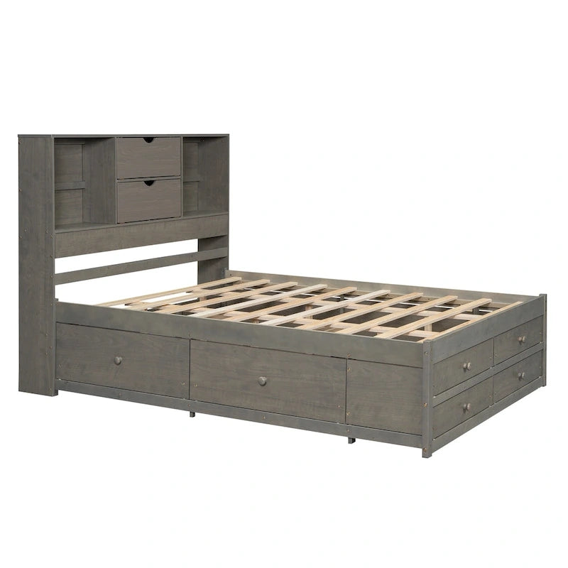Moderno letto a piattaforma in legno con testiera portaoggetti e 8 cassetti per la camera da letto