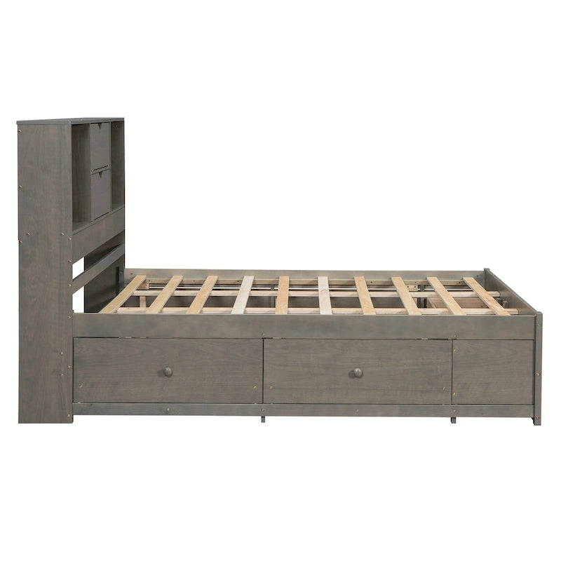 Moderno letto a piattaforma in legno con testiera portaoggetti e 8 cassetti per la camera da letto