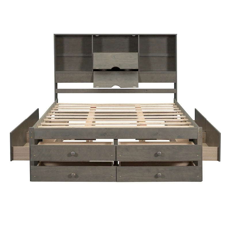 Moderno letto a piattaforma in legno con testiera portaoggetti e 8 cassetti per la camera da letto