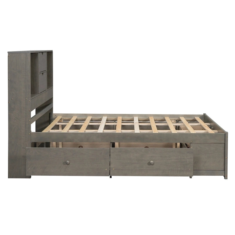 Moderno letto a piattaforma in legno con testiera portaoggetti e 8 cassetti per la camera da letto