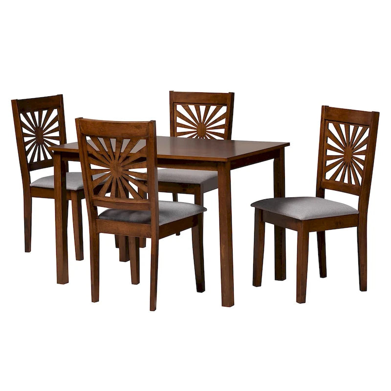 Sala da pranzo moderna in tessuto imbottito e legno con finitura marrone