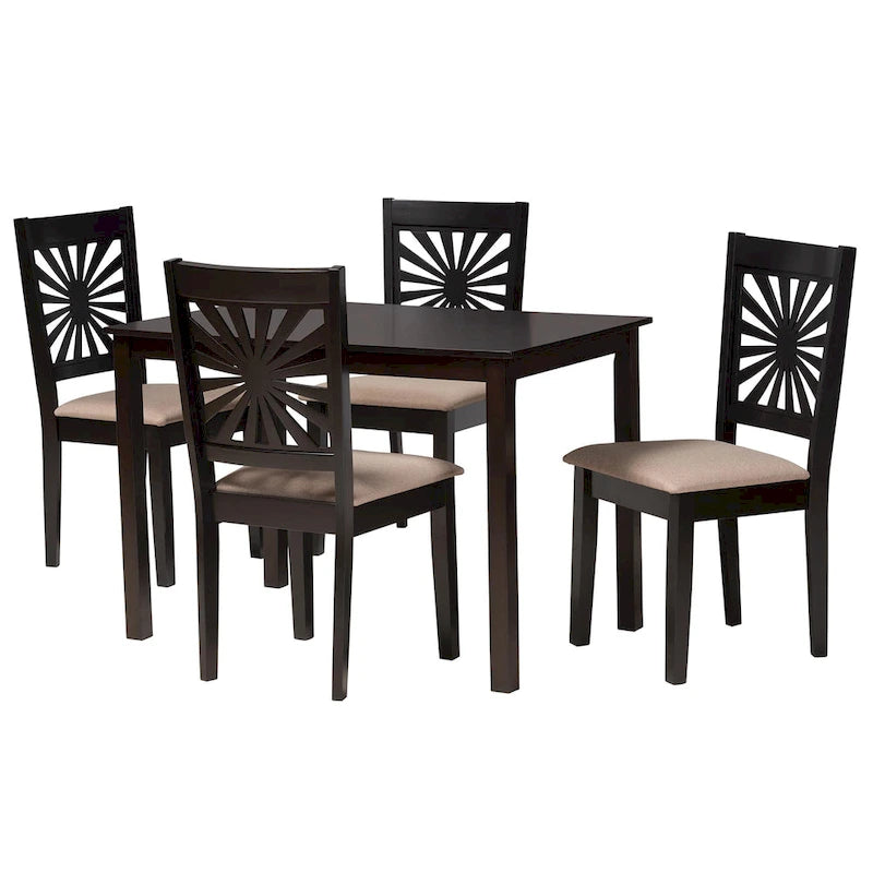 Sala da pranzo moderna in tessuto imbottito e legno con finitura marrone