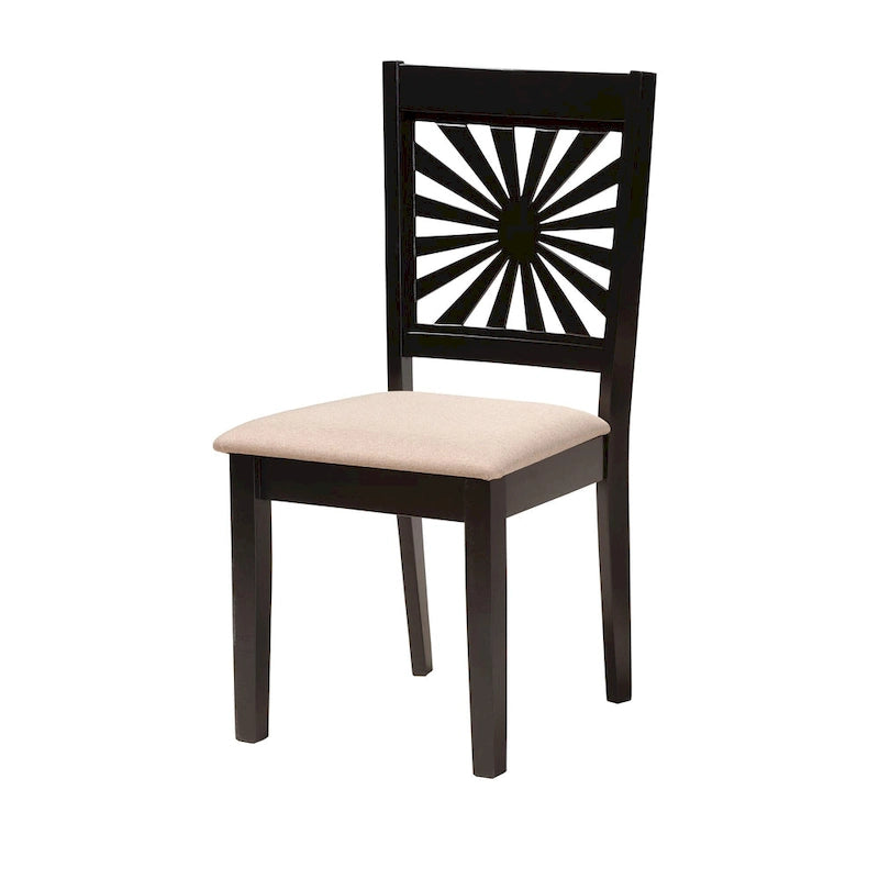Sala da pranzo moderna in tessuto imbottito e legno con finitura marrone