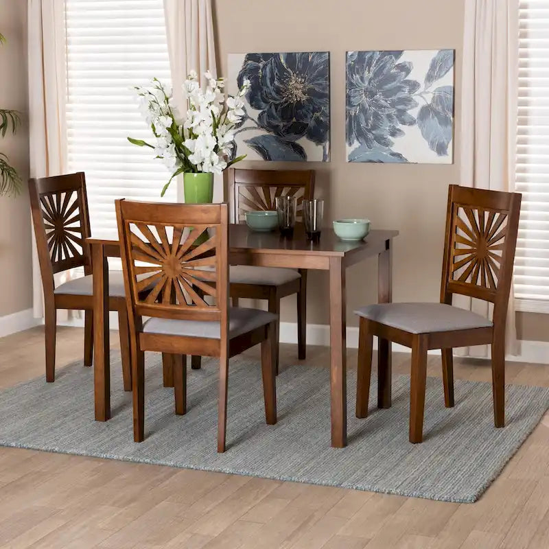 Sala da pranzo moderna in tessuto imbottito e legno con finitura marrone