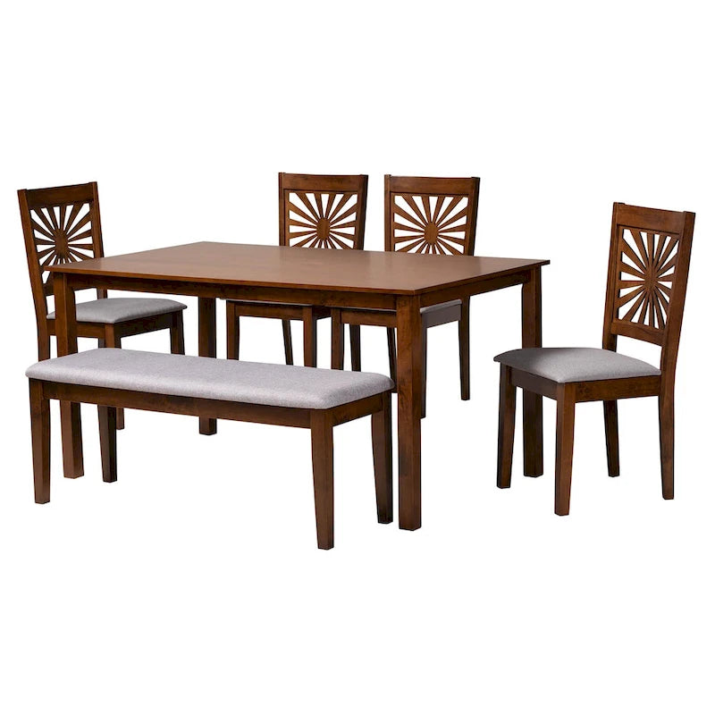 Sala da pranzo moderna in tessuto imbottito e legno con finitura marrone