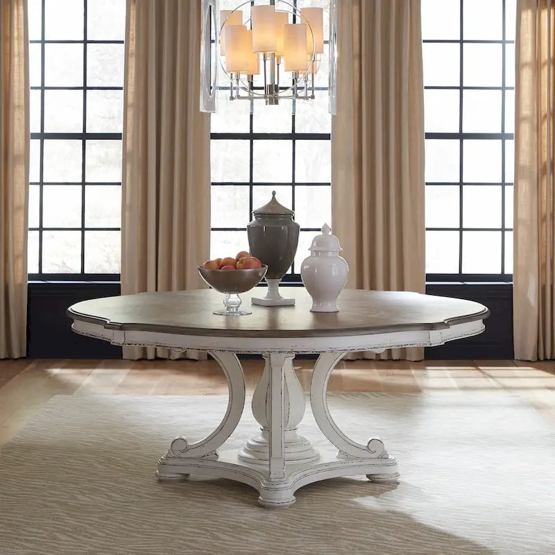 Magnolia Manor Antique White and Weathered Bark Round Table Set