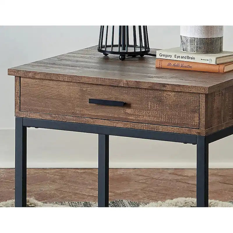 Tavolino comodino in legno a 1 cassetto in quercia marrone e nero sabbiato