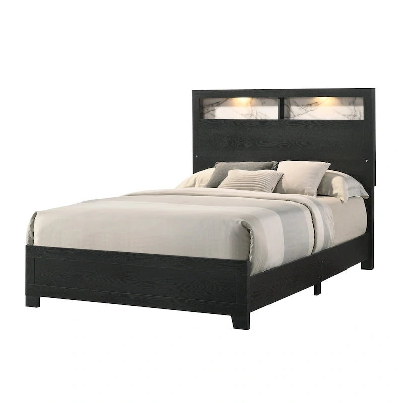 Camera da letto con pannello libreria a LED nera 5 pezzi