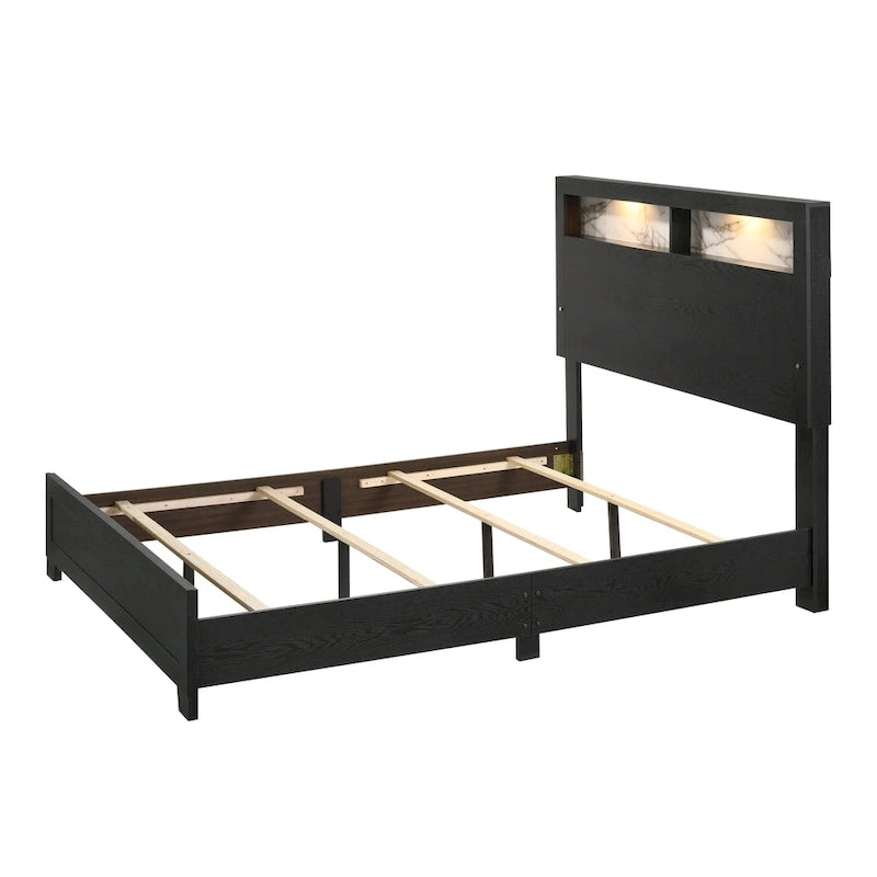 Camera da letto con pannello libreria a LED nera 5 pezzi