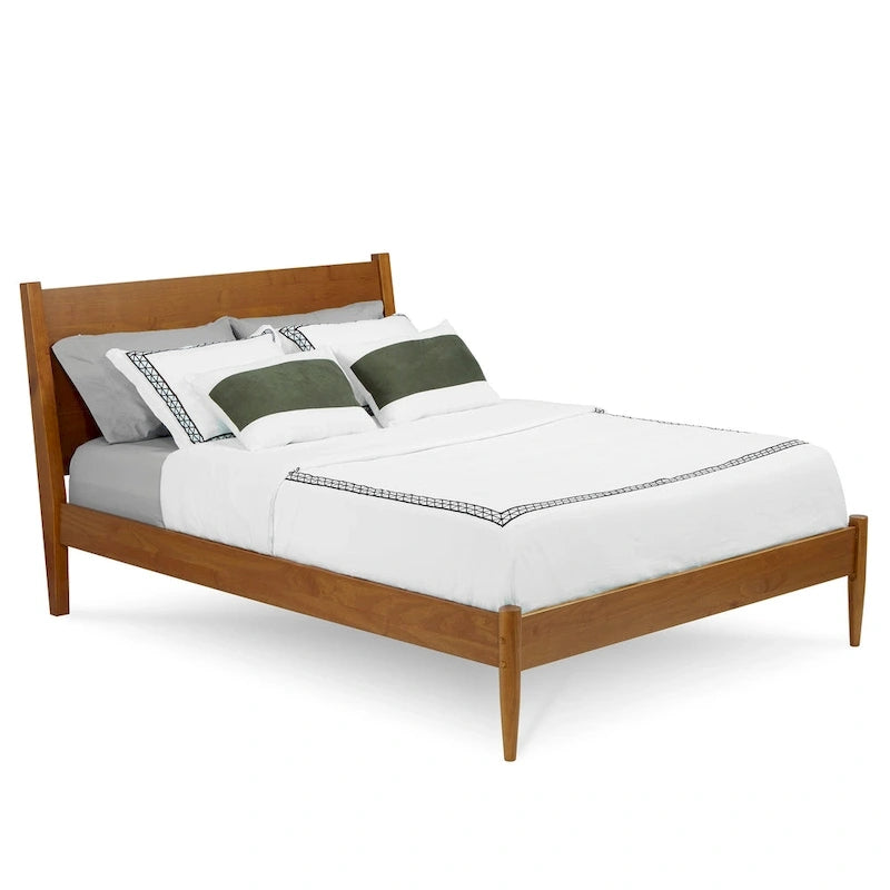 Letto Queen Size con Piattaforma in Legno Massello Stile Mid-Century