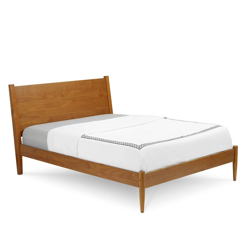Letto Queen Size con Piattaforma in Legno Massello Stile Mid-Century