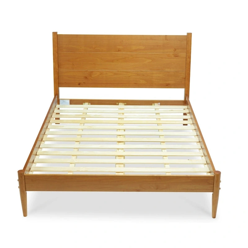 Letto Queen Size con Piattaforma in Legno Massello Stile Mid-Century