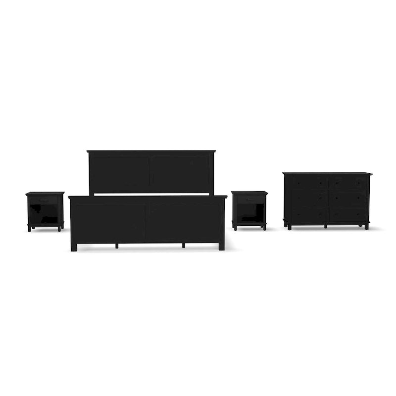 Letto matrimoniale King in legno nero, due comodini e cassettiera