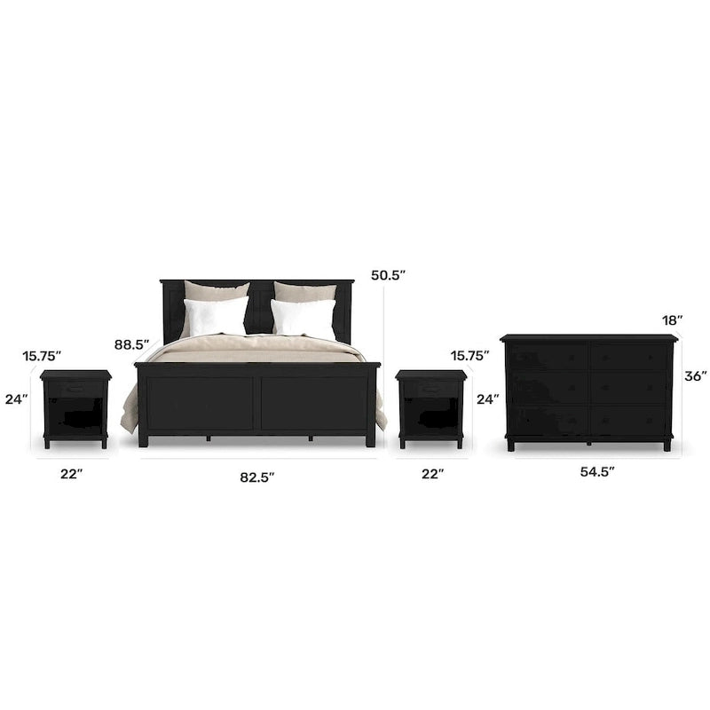 Letto matrimoniale King in legno nero, due comodini e cassettiera