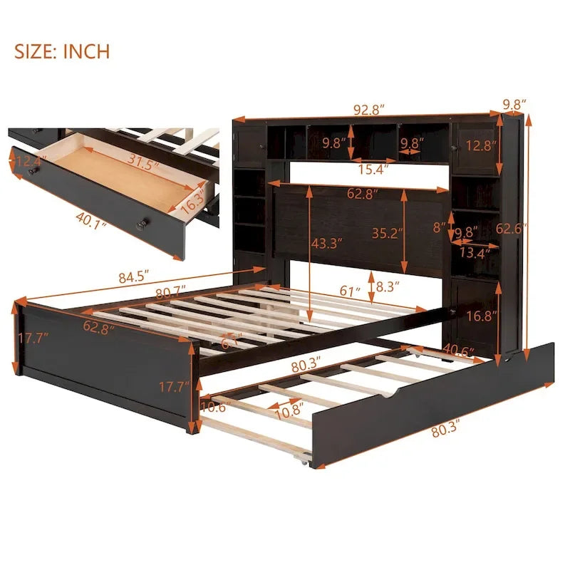 Letto matrimoniale in legno con mobile contenitore integrato