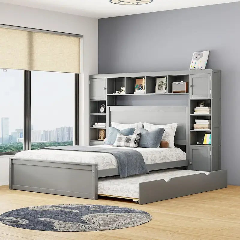 Letto matrimoniale in legno con mobile contenitore integrato