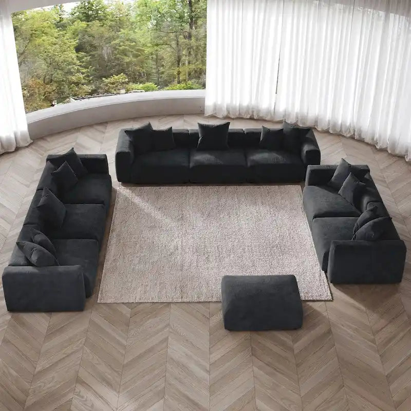 Divano moderno componibile a 3 posti con chaise longue e pouf, in velluto a coste, per soggiorno
