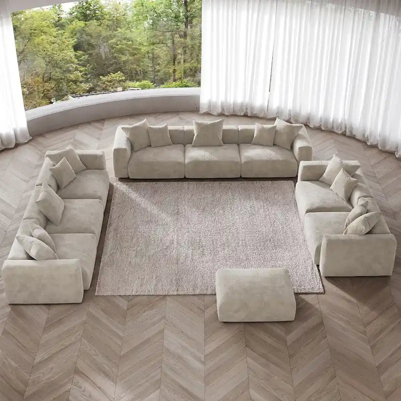 Divano moderno componibile a 3 posti con chaise longue e pouf, in velluto a coste, per soggiorno