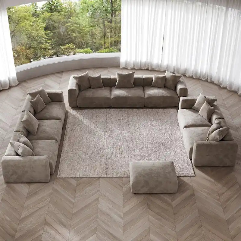 Divano moderno componibile a 3 posti con chaise longue e pouf, in velluto a coste, per soggiorno