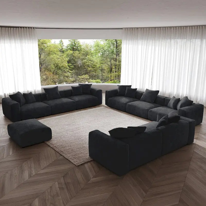 Divano moderno componibile a 3 posti con chaise longue e pouf, in velluto a coste, per soggiorno