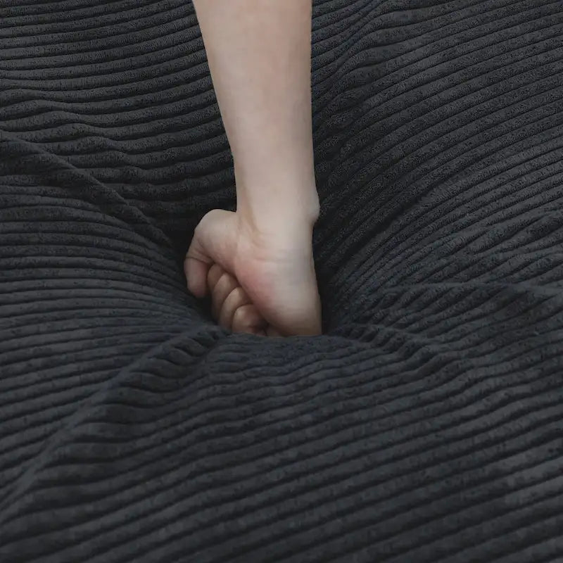 Divano moderno componibile a 3 posti con chaise longue e pouf, in velluto a coste, per soggiorno