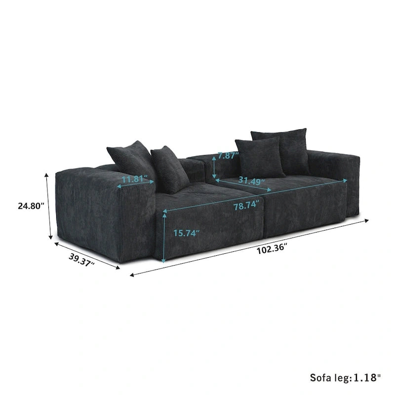 Divano moderno componibile a 3 posti con chaise longue e pouf, in velluto a coste, per soggiorno
