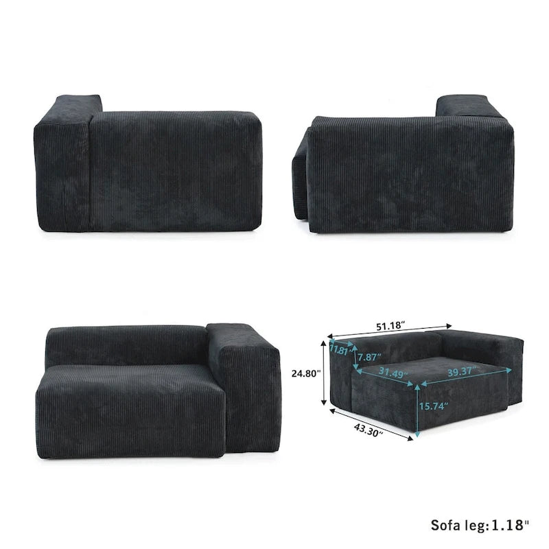 Divano moderno componibile a 3 posti con chaise longue e pouf, in velluto a coste, per soggiorno