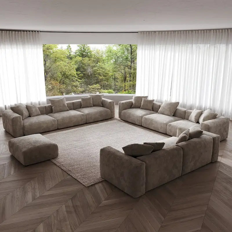 Divano moderno componibile a 3 posti con chaise longue e pouf, in velluto a coste, per soggiorno