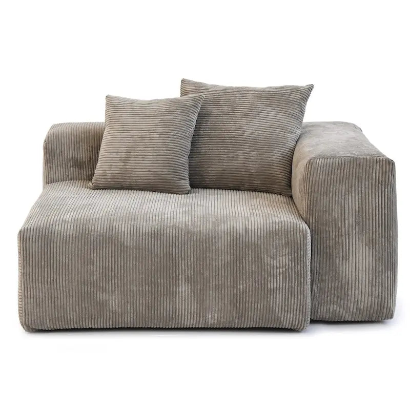 Divano moderno componibile a 3 posti con chaise longue e pouf, in velluto a coste, per soggiorno