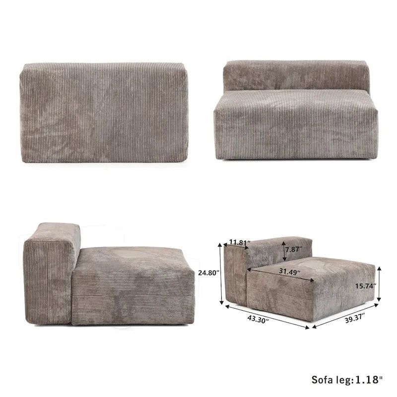 Divano moderno componibile a 3 posti con chaise longue e pouf, in velluto a coste, per soggiorno