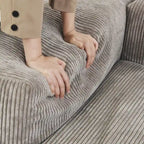Divano moderno componibile a 3 posti con chaise longue e pouf, in velluto a coste, per soggiorno
