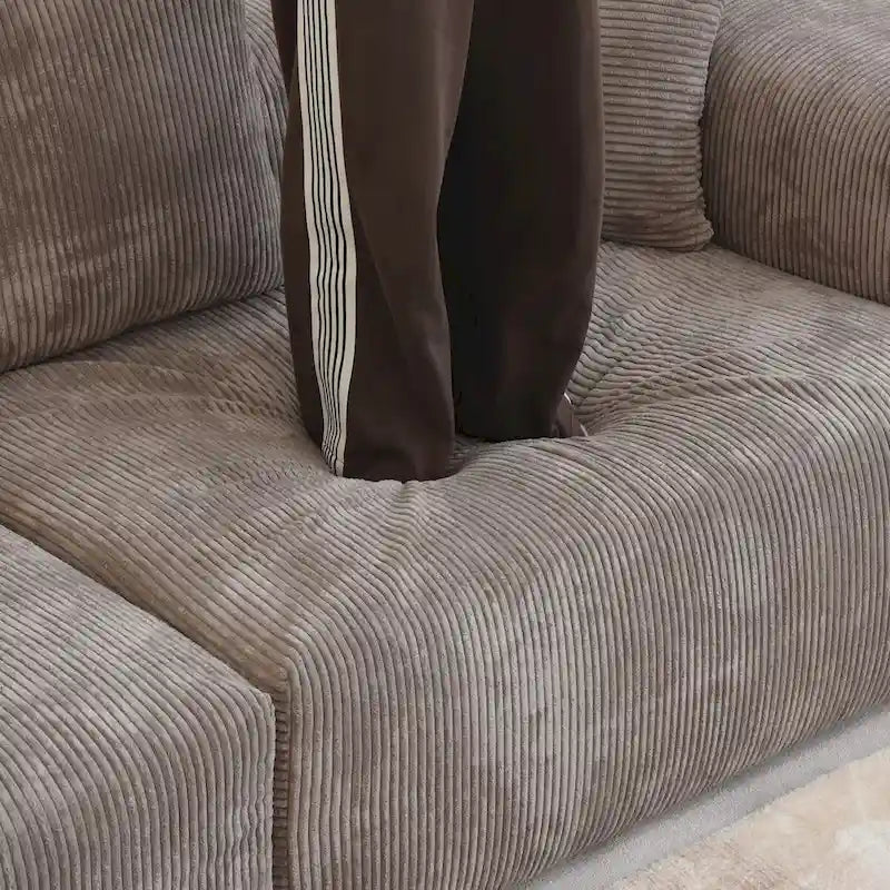 Divano moderno componibile a 3 posti con chaise longue e pouf, in velluto a coste, per soggiorno