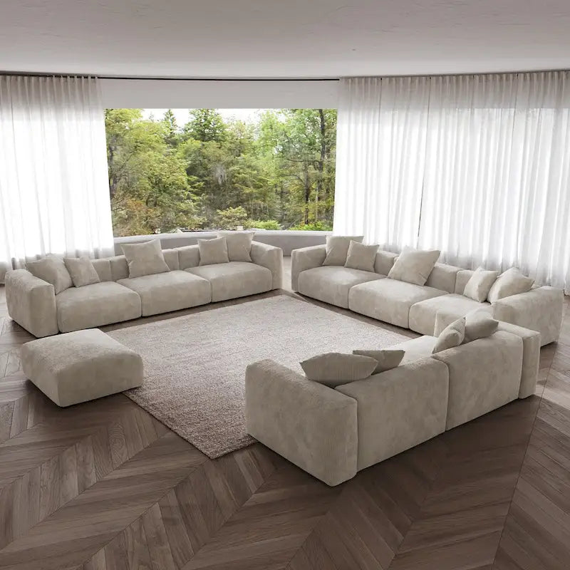 Divano moderno componibile a 3 posti con chaise longue e pouf, in velluto a coste, per soggiorno