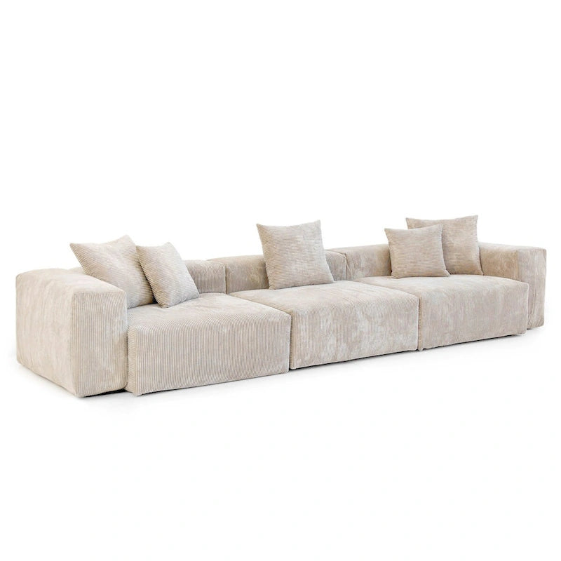 Divano moderno componibile a 3 posti con chaise longue e pouf, in velluto a coste, per soggiorno
