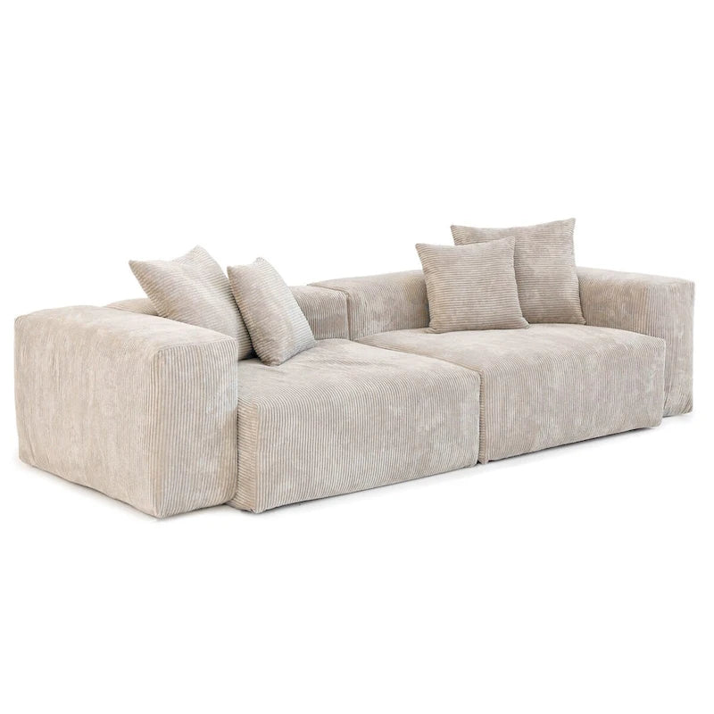Divano moderno componibile a 3 posti con chaise longue e pouf, in velluto a coste, per soggiorno