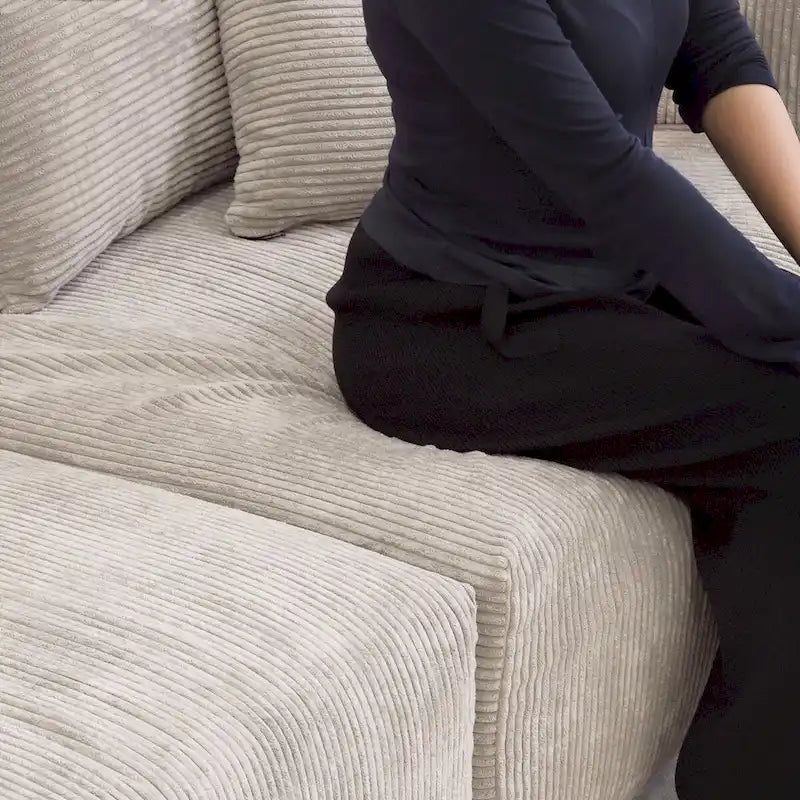 Divano moderno componibile a 3 posti con chaise longue e pouf, in velluto a coste, per soggiorno
