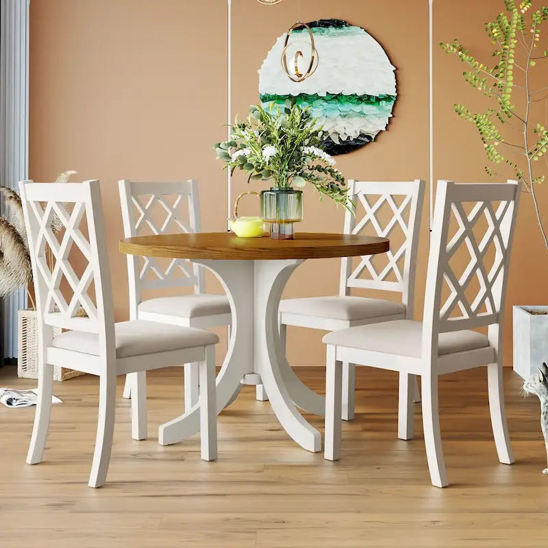 Tavolo da pranzo rotondo a 5 pezzi in legno massello stile Mid-Century, tavolo da cucina con sedie imbottite, tavolo noce+sedia beige