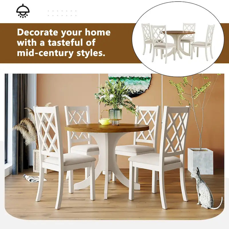 Tavolo da pranzo rotondo a 5 pezzi in legno massello stile Mid-Century, tavolo da cucina con sedie imbottite, tavolo noce+sedia beige