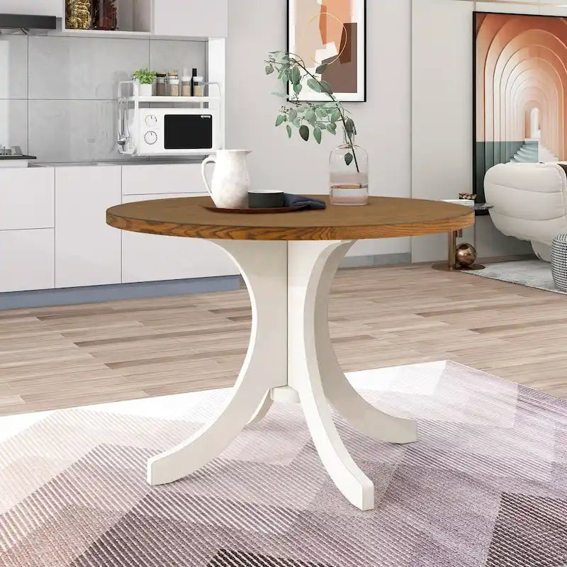 Tavolo da pranzo rotondo a 5 pezzi in legno massello stile Mid-Century, tavolo da cucina con sedie imbottite, tavolo noce+sedia beige