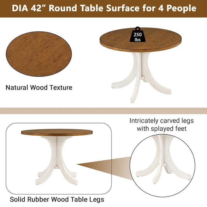 Tavolo da pranzo rotondo a 5 pezzi in legno massello stile Mid-Century, tavolo da cucina con sedie imbottite, tavolo noce+sedia beige