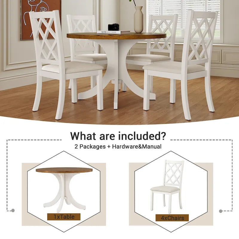 Tavolo da pranzo rotondo a 5 pezzi in legno massello stile Mid-Century, tavolo da cucina con sedie imbottite, tavolo noce+sedia beige